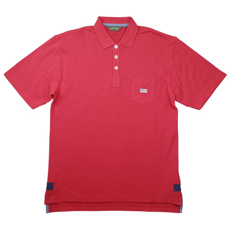 ORVIS Pique Polo Shirt Mens M Embroidered Flag Red Cotton Pocket Preppy Academia
